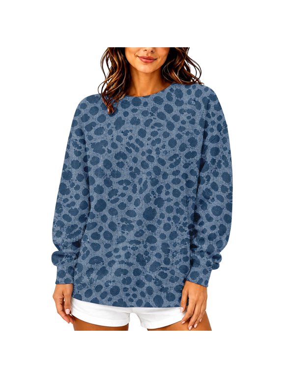 Leopard Print Sweatshirt Fleece Lined Oversized Crew Neck Sweatshirt Women Long Sleeve Y2k Fall Outfits Winter Warm Fluffy Thermal Womens Pullover Tops Royal Blue M