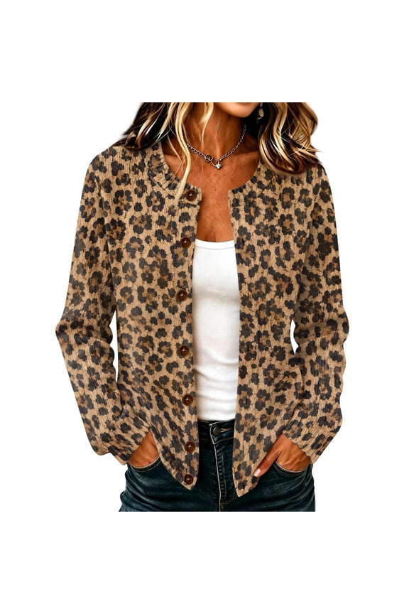 Leopard Print Women Cardigan Sweater Button Down Lightweight Cardigans for Women Long Sleeve Western Vintage Dressy Fall Teacher Outfits Knit Sweater Outerwear Coffee M