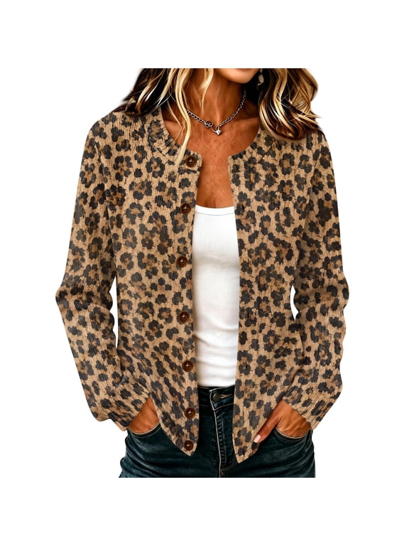 Leopard Print Women's Cardigan Sweaters Button Down Cardigan Lightweight Long Sleeve Western Vintage Trendy Fall Teacher Outfits Knitted Sweater Outerwear Coffee L