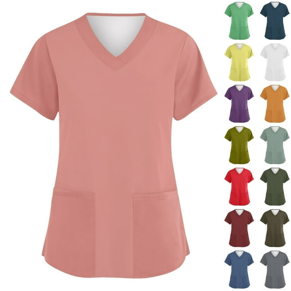 Fabrcox Lightweight Scrub Tops for Women Plus Size Short Sleeve V Neck Nurse Scrubs Tops with Pockets Fall Spring Working Uniform Dark Blue L