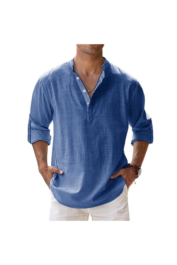 Linen Shirt Mens Henley Lightweight Long Sleeve Tshirts for Men Vacation Summer Casual Collared Men Beach Shirts