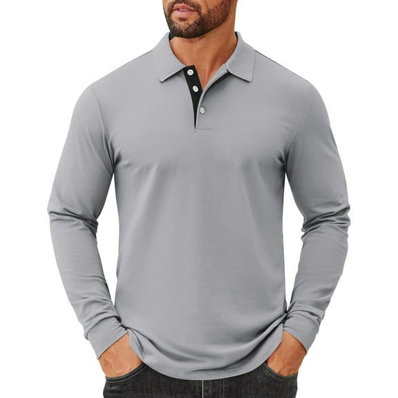 Fabrcox Long Sleeve Men's Polo Shirts Loose Fit Solid Color Turn-Down Collar Fashion Pullover Basic Casual Button Polo Shirts Light Gray XL
