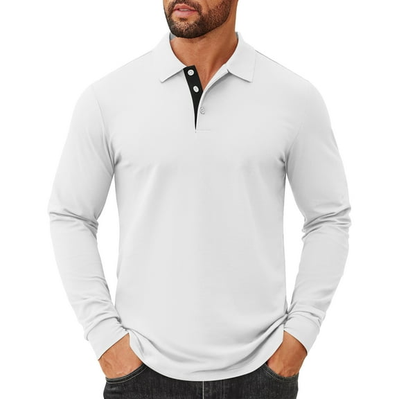 Fabrcox Long Sleeve Men's Polo Shirts Solid Color Turn-Down Collar Fall Spring Basic Casual Button Polo Shirts White XL