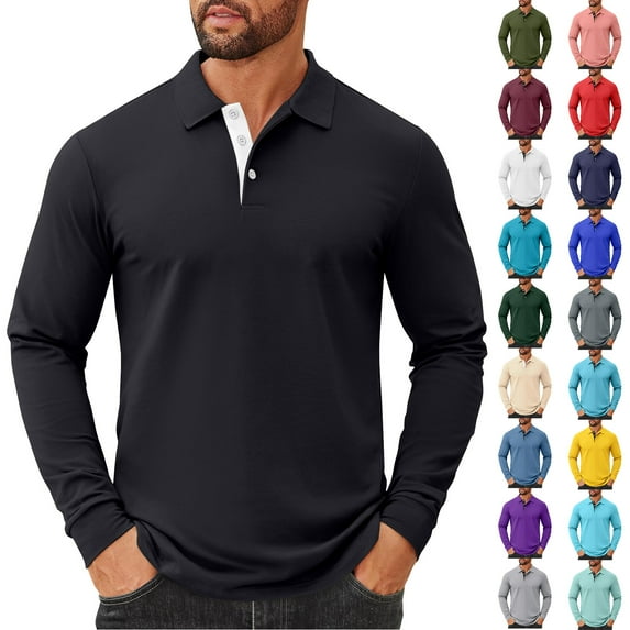 Fabrcox Long Sleeve Men's Polo Shirts Solid Color Turn-Down Collar Fashion Pullover Basic Casual Button Polo Shirts Red XL