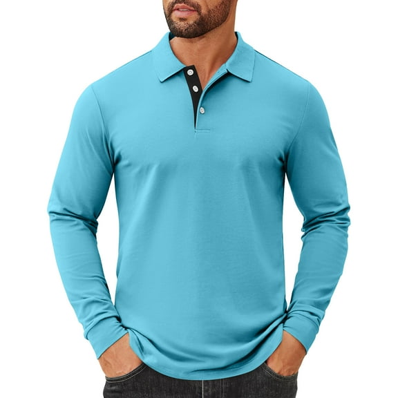 Fabrcox Long Sleeve Mens Polo Shirts Solid Color Turn-Down Collar Fashion Pullover Basic Casual Button Polo Shirts Sky Blue XXL