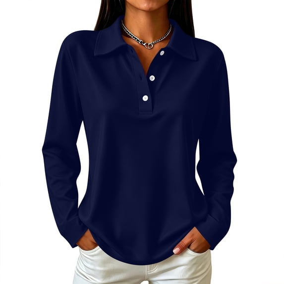 Fabrcox Long Sleeve Navy Polo Shirts for Women Collared Women's Golf Shirts Button Side Slits Trendy Uniforms Casual Business Tops for Women XL