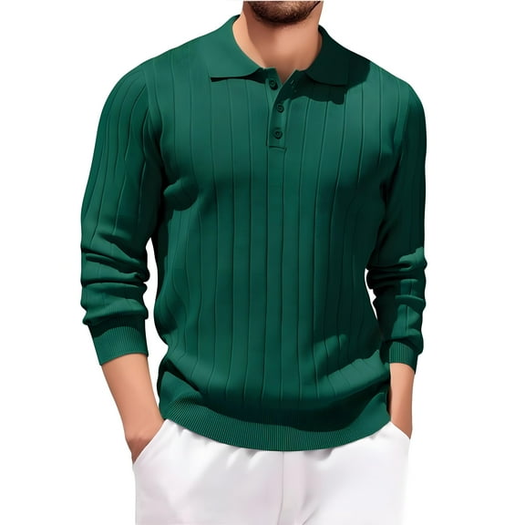Fabrcox Long Sleeve Polo Shirts for Men Fall Button Collared Long Sleeved T Shirts Casual Solid Color Basic Lightweight Tops Shirts,Green XL