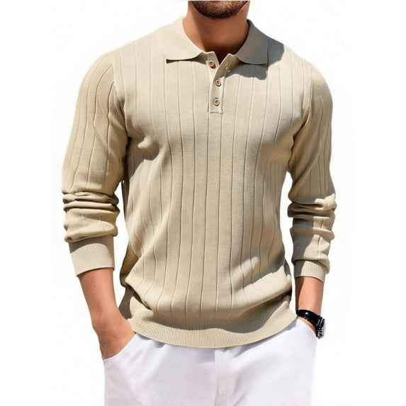 Fabrcox Long Sleeve Polo Shirts for Men Fall Button Collared Long Sleeved T Shirts Casual Solid Color Basic Lightweight Tops Shirts,Khaki XL