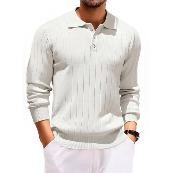 Fabrcox Long Sleeve Polo Shirts for Men Fall Button Collared Long Sleeved T Shirts Casual Solid Color Basic Lightweight Tops Shirts,White XL