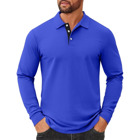 Fabrcox Long Sleeve Polo Shirts for Men Solid Color Turn-Down Collar Fall Spring Basic Casual Button Polo Shirts Dark Blue L