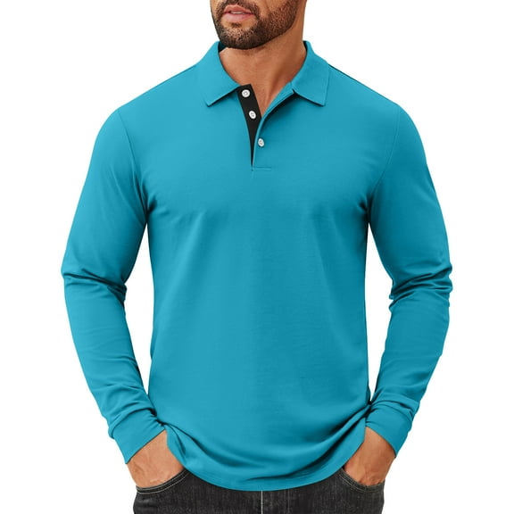 Fabrcox Long Sleeve Polo Shirts for Men Solid Color Turn-Down Collar Fashion Pullover Basic Casual Button Polo Shirts Turquoise XL