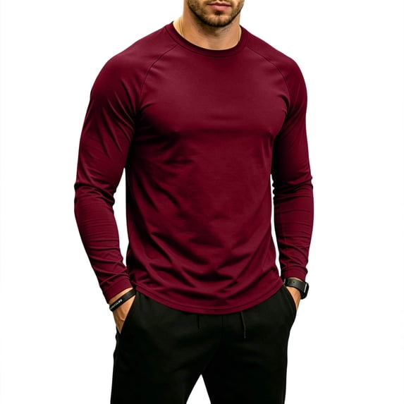 Fabrcox Long Sleeve Shirt for Men Crew Neck Raglan Shirt Lightweight Breathable Sun Protection Outdoor Sports Men Workout Shirts Red S