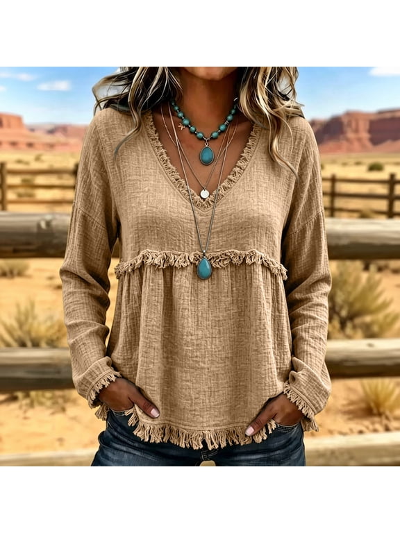 Long Sleeve Shirts for Women Raw Trim V Neck Women's Boho Tops Frayed Fringe Patchwork Loose Fall Winter Dressy Vintage Blouses for Women Khaki