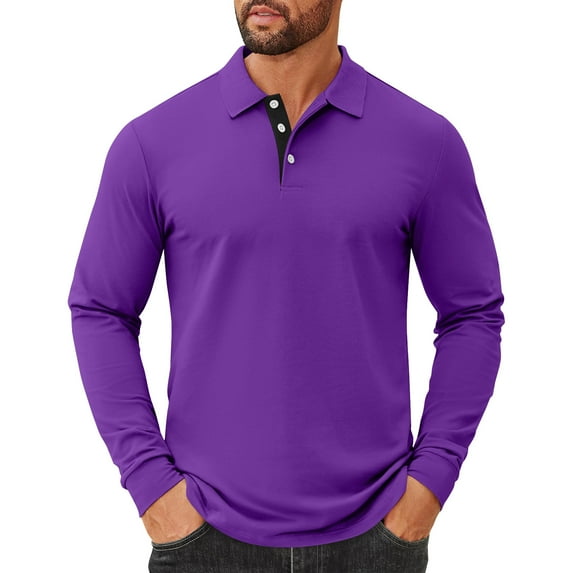 Fabrcox Long Sleeve Slim Fit Polo Shirts for Men Black Solid Color Turn-Down Collar Fall Spring Basic Casual Button Polo Shirts Purple XXL