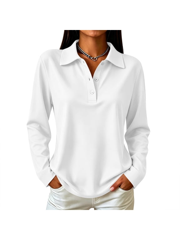 Long Sleeve White Polo Shirts for Women Collared Women Golf Shirts Button Down Side Slits Trendy Uniforms Work Tops for Women Business Casual XL
