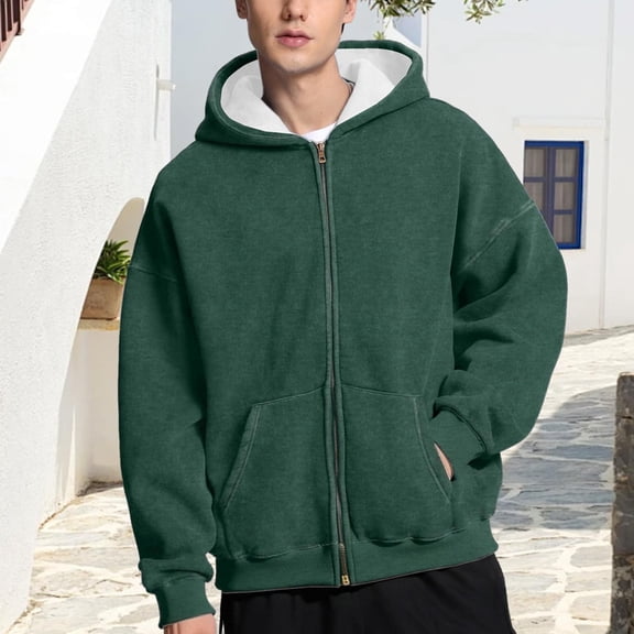 Fabrcox Long Sleeve Zip Up Trendy Hoodies for Men Fleece Lined Thermal Hooded Jacket Casual Comfortable Athletic Workout Hoodie Dark Green 2XL