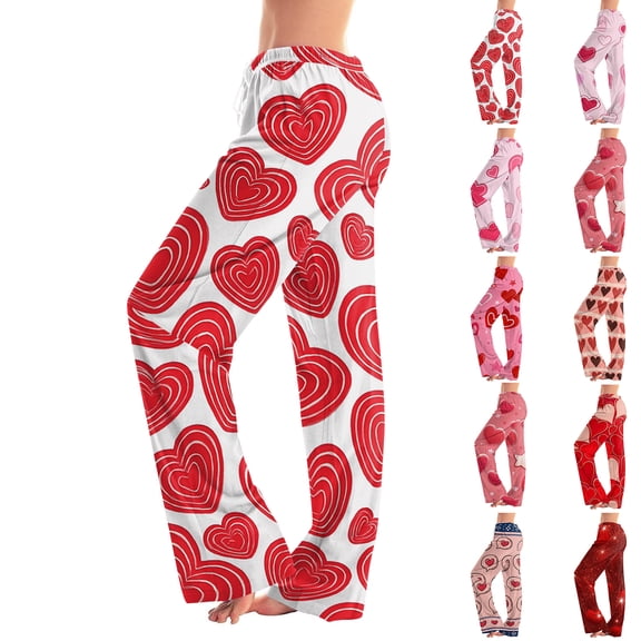 Fabrcox Love Heart Print Pajama Pants Womens Drawstring Elastic Waist Straight Leg Valentines Day Pajama Pants Women Loose Spring Womens Lounge Pants