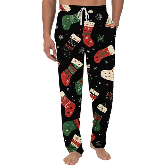 Fabrcox M-3xl Loose Fit Black Pj Pants Men Christmas Baggy Pj Bottoms with Pockets Christmas Tree Print Fashion Casual Printed Pj Pants Black 3XL