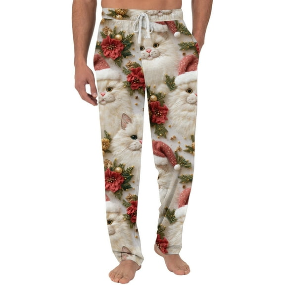 Fabrcox M-3xl Loose Fit Oversized Christmas Pj Pants for Men Baggy Pj Bottoms with Pockets Christmas Tree Print Fashion Casual Printed Pj Pants White L