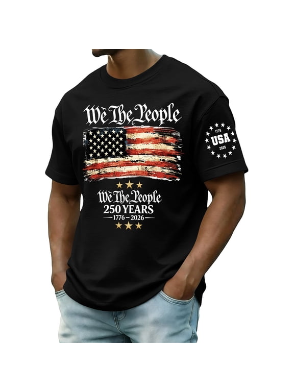 M-5XL 1776-2026 250 Anniversary USA Shirt Flag Print 4th of July Tee Shirts for Men Independence Day Patriotic Freedom Men's Big and Tall Shirts Black XXXL