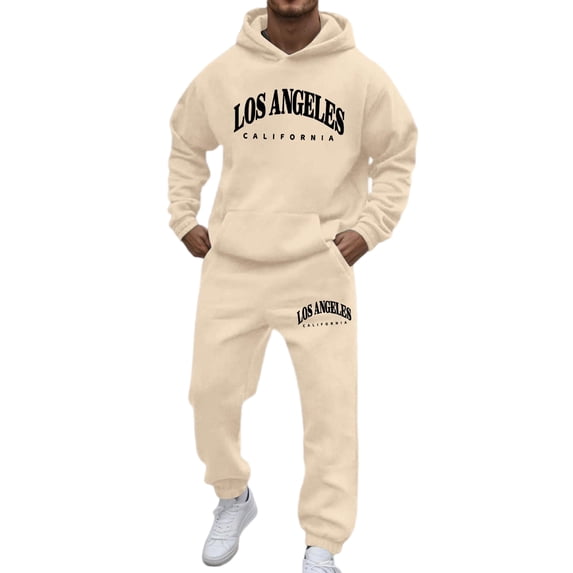 Fabrcox M-5XL Mens 2 Piece Sweatsuits Fleece Hoodie and Sweatpants Set Causal Athletic Gym Sweatshirt Joggers Mens Track Suit Set Beige XXXL