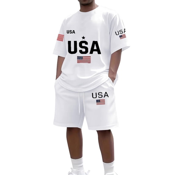 Fabrcox Men 2 Piece Short Set Casual 250th Anniversary USA Flag Print Short Sleeve Shirts and Shorts Sweatsuit Set Men White L