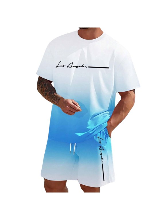 Men 2 Piece Short Set Gradient Short Sleeve Shirts and Shorts Lightweight Summer Travel Streetwear Men Short Sets XXL