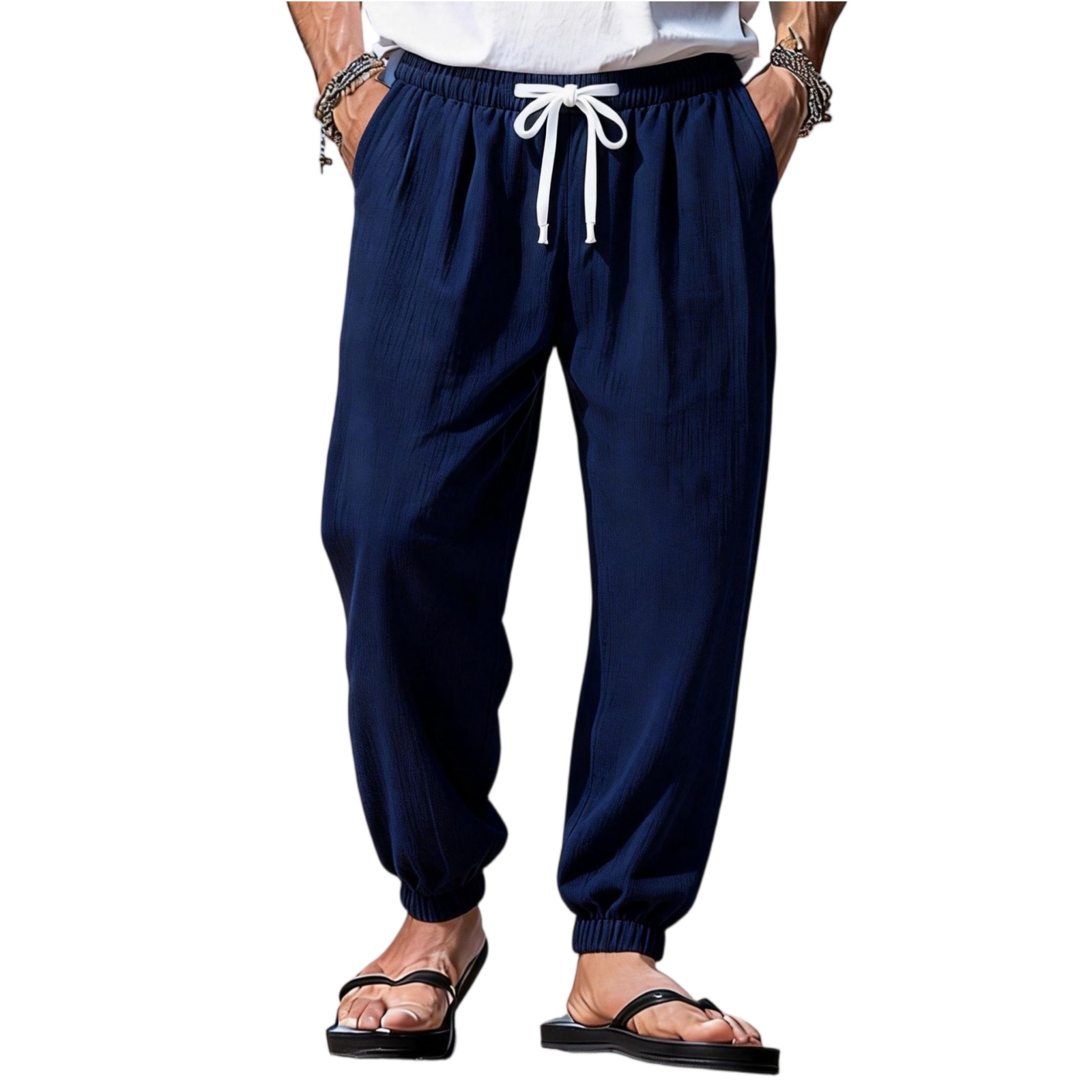 Fabrcox Men Linen Pants Elastic Waist Summer Men Beach Pants Vacation ...