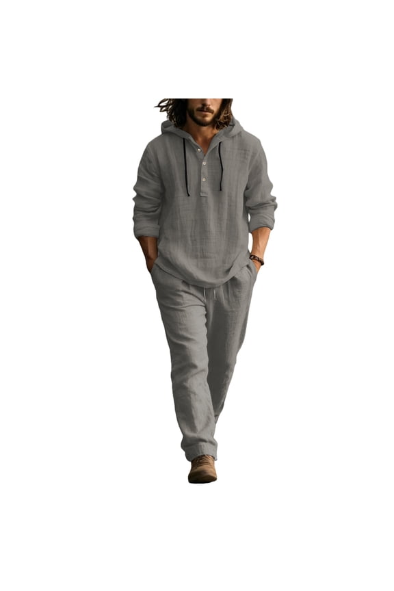 Men Linen Short Sets Outfits 2 Piece Button Down Linen Shirts with Hood and Beach Pants Relaxed Fit Vacation Casual Lounge Set for Men Gray L