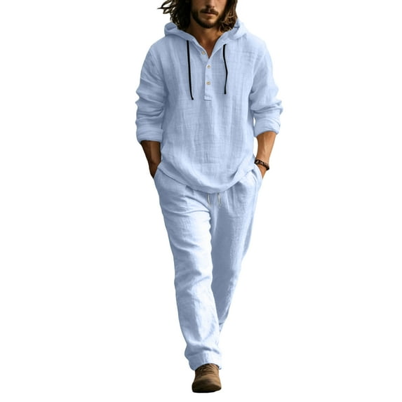 Fabrcox Men Linen Short Sets Outfits 2 Piece Button Down Linen Shirts with Hood and Beach Pants Relaxed Fit Travel Casual 2 Piece Lounge Set Men Blue XL
