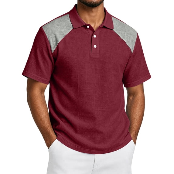 Fabrcox Men Polo Shirts Short Sleeve Collared Henley Linen Shirts for Men Lightweight Relaxed Fit Color Block Vacation Workout Golf Shirts for Men L