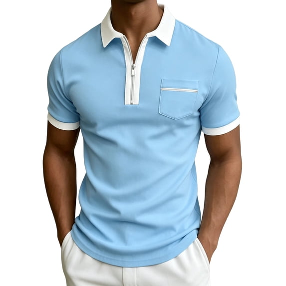 Fabrcox Men Polo Shirts Short Sleeve Quarter Zip Collared Men Work Shirts Casual Color Block Outdoor Sports Breathable Golf Shirt Men Blue XXL