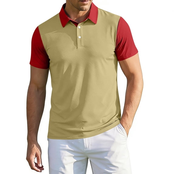 Fabrcox Men Polo Shirts Short Sleeve Quick Dry Color Block Mens Golf Shirts Collared Button Down Lightweight Office Outdoor Big and Tall Dress Shirts Men Beige XXXL