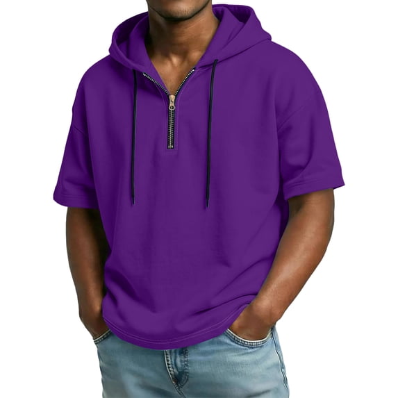 Fabrcox Men Quarter Zip Hoodie Short Sleeve Sweatshirt Mens Hoodie Lightweight Drawstring Gym Athletic Mens Pullover Purple L