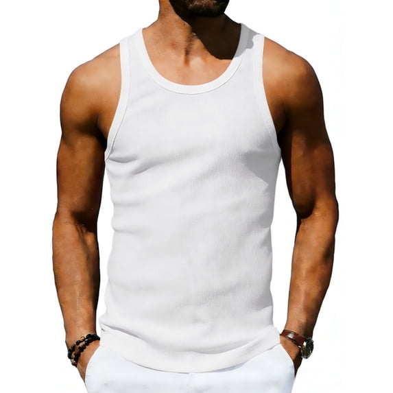 Fabrcox Men Tank Tops Quick Dry Crew Neck Sleeveless Shirt Big and Tall Fitted Ribbed Training Athletic Mens Muscle T Shirts White S