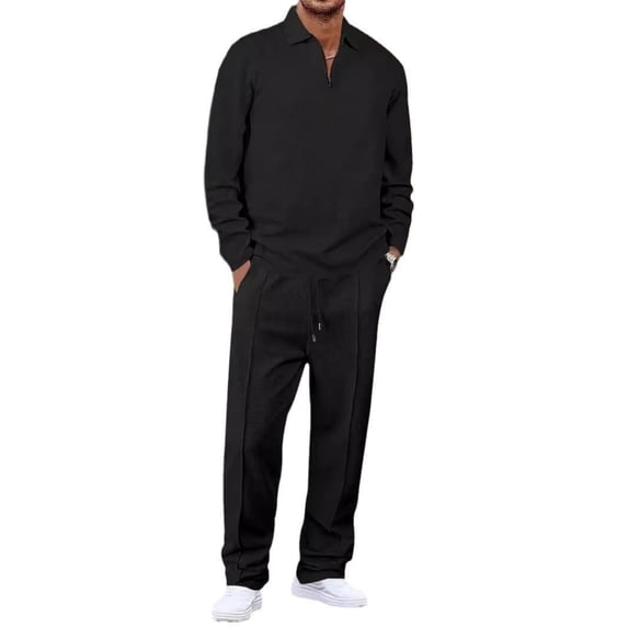 Fabrcox Men Track Suits 2 Piece Set Waffle Quarter Zip Long Sleeve Polo Shirts Workout Jogging Outfits Casual Sweatsuits for Men Set Black M