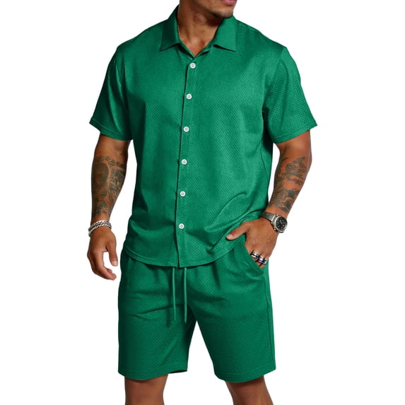 Fabrcox Men's 2 Piece Outfits Short Sleeve Button Down Shirt and Short Sets Summer Vacation Workout Men's Tracksuits Green XL