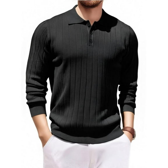 Fabrcox Men's Black Polo Shirts Fall Button Collared Long Sleeved T Shirts Casual Solid Color Basic Lightweight Tops Shirts,Black L
