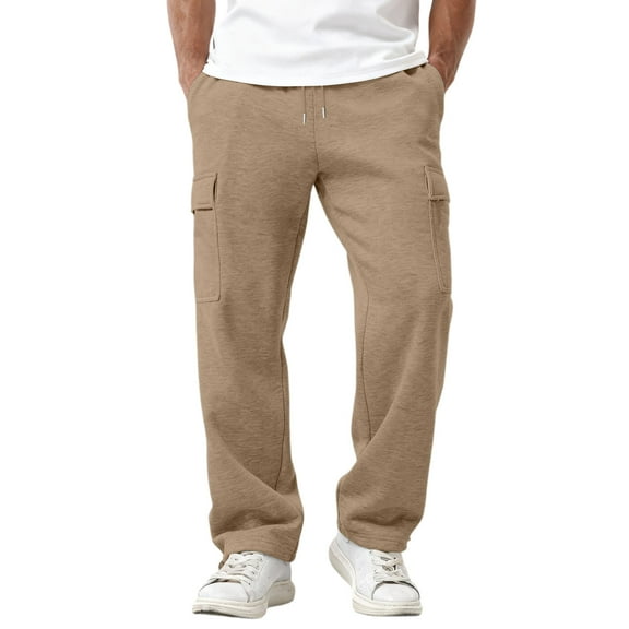 Fabrcox Men's Cargo Sweatpants Straight Leg Baggy Sweat Pants Fleece Lined Gym Cargo Sweat Pants with Pockets Khaki L