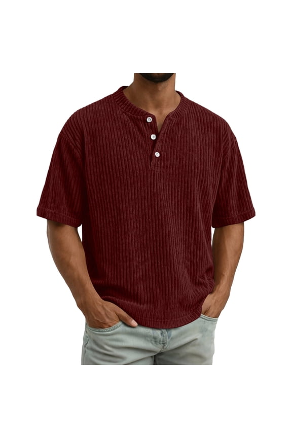 Men's Corduroy Shirt Short Sleeve Men's Henley Shirts 3 Buttons V Neck Lightweight Cycling Fishing Camping Big and Tall Men's Shirts Red M