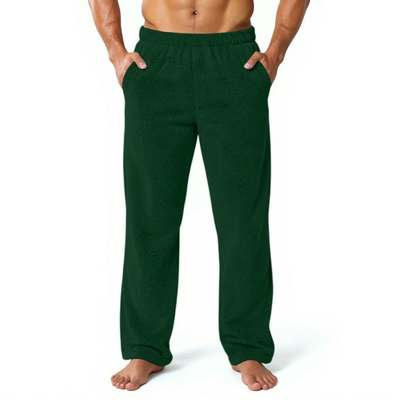 Fabrcox Men's Flannel Pajama Pants Loose Fit Pajama Bottoms with Pockets Elastic Waist Winter Warm Casual Mid Waisted Home Pajama Bottoms Dark Green XL