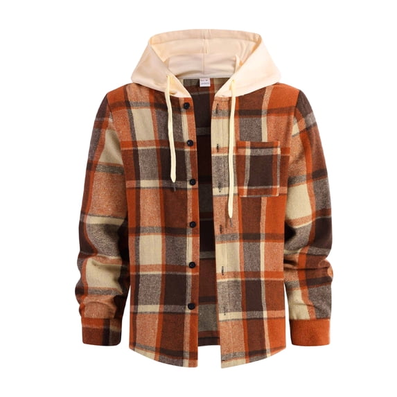 Fabrcox Men's Hooded Plaid Shacket Long Sleeve Button Down Checkered Shirt Jacket with Chest Pockets Lightweight Casual Fall Outerwear Beige XXL