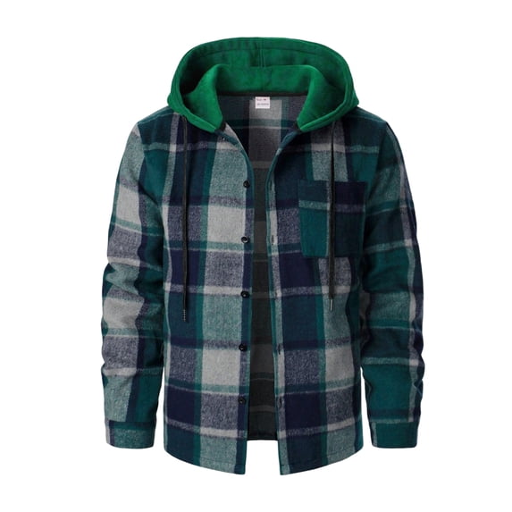 Fabrcox Men's Hooded Plaid Shacket Long Sleeve Button Down Checkered Shirt Jacket with Chest Pockets Lightweight Casual Fall Outerwear Green L