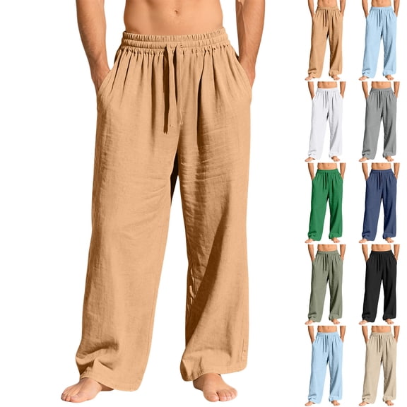 Fabrcox Men's Linen Pants Casual Lightweight Drawstring Elastic Waist Loose Fit Straight Leg Summer Beach Pants with Pockets(Khaki,L)