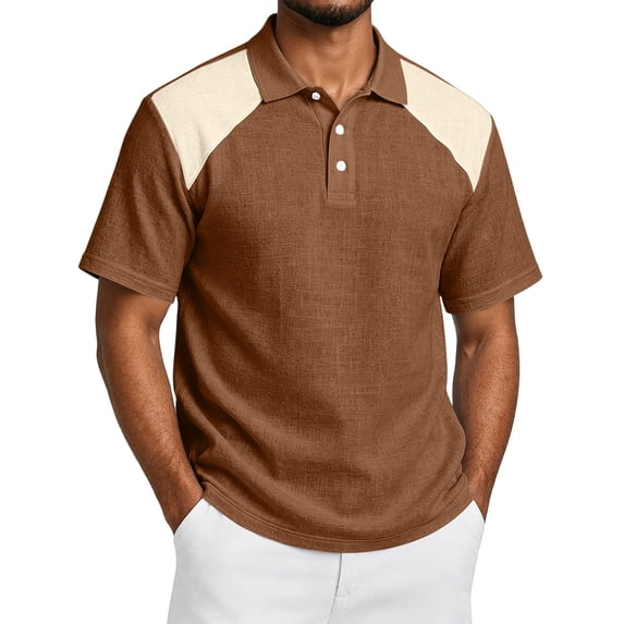 Fabrcox Men's Polo Shirts Short Sleeve Collared Henley Linen Shirt for Men Breathable Relaxed Fit Color Block Vacation Workout Golf Shirts for Men L