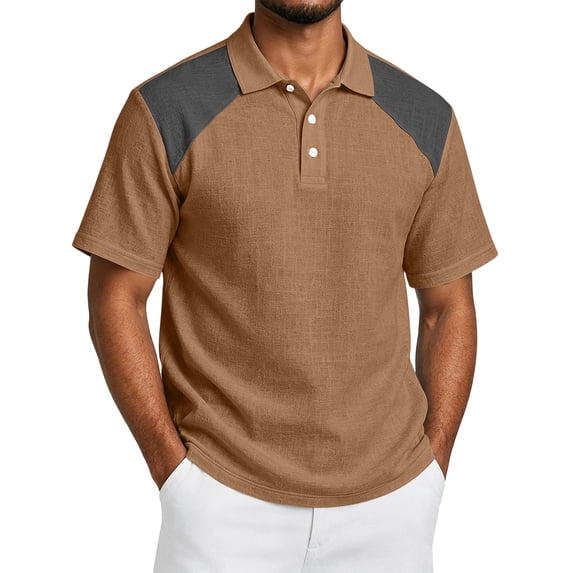 Fabrcox Men's Polo Shirts Short Sleeve Collared Henley Men's Linen Shirt Lightweight Relaxed Fit Color Block Travel Athletic Mens Golf Shirts Brown S
