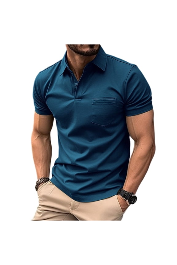Men's Polo Shirts Short Sleeve Turn Down Collar Button V Neck T Shirts Men Cycling Fitness Men Workout Shirts with Pocket Blue L