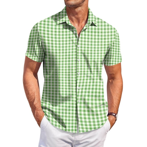 Fabrcox Men's Short Sleeve Button Down Shirt Plaid Collared Fishing Shirt Men Summer Color Block Lightweight Men's Sun Shirt Green XXL