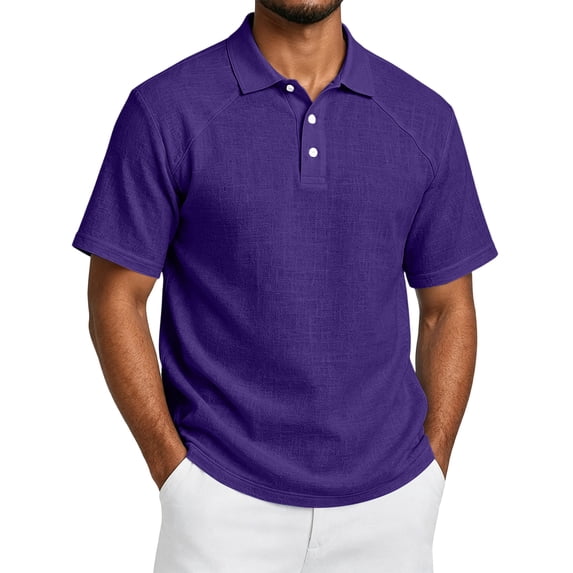 Fabrcox Men's Short Sleeve Polo Shirts Collared Henley Linen Shirts Men Breathable Relaxed Fit Outdoor Vacation Athletic Golf Shirt Men Purple XL