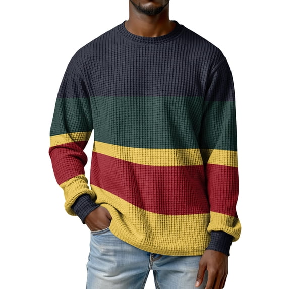 Fabrcox Men's Waffle Long Sleeve Shirts Striped Mens Crew Neck Shirts Color Block Running Workout Men's Athletic Shirts Blue XXL